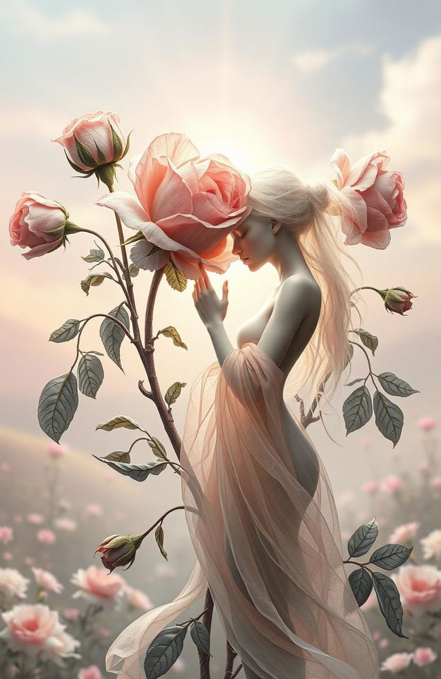 A surreal and poetic interpretation of withered roses blossoming again, symbolizing renewal and life