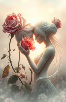A surreal and poetic interpretation of withered roses blossoming again, symbolizing renewal and life
