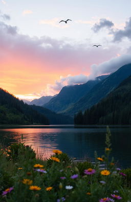 A serene and picturesque landscape showcasing a breathtaking sunset over a calm lake surrounded by lush, green forests