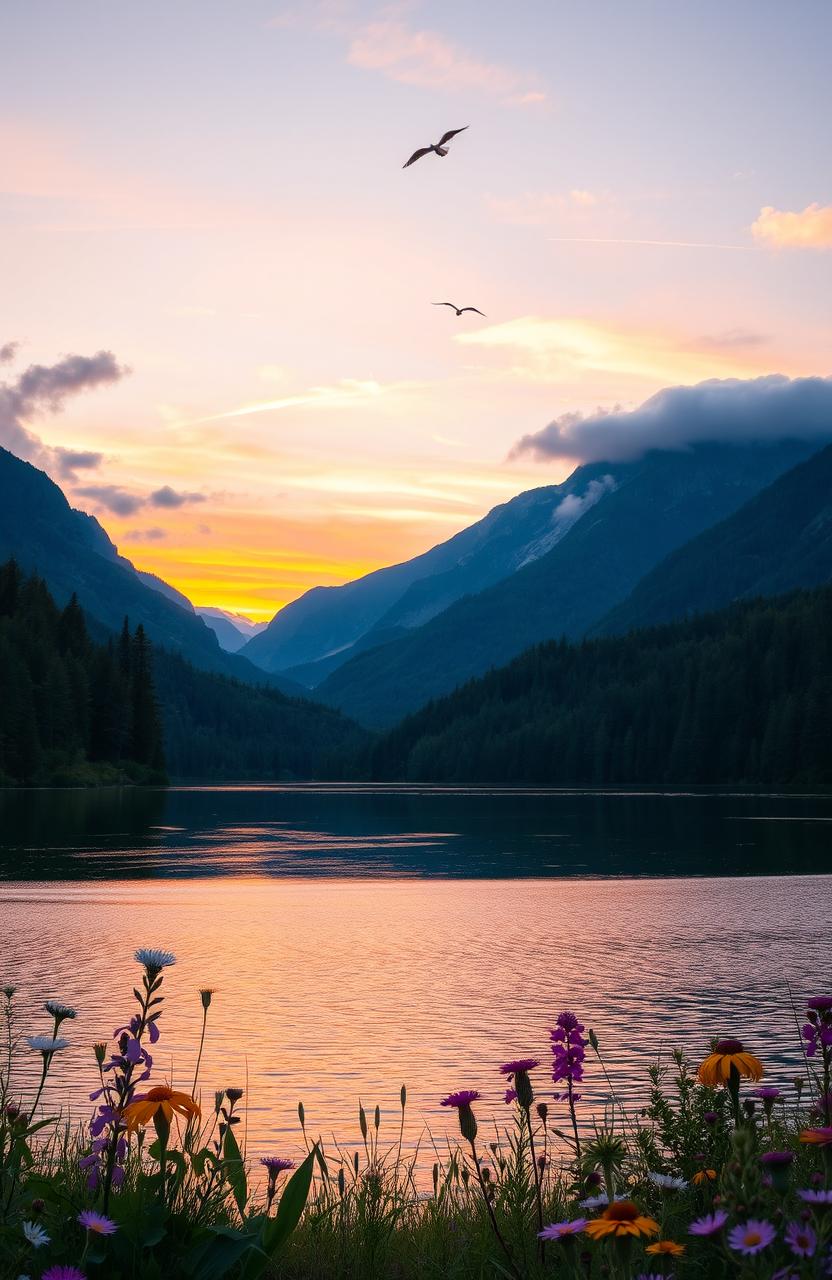 A serene and picturesque landscape showcasing a breathtaking sunset over a calm lake surrounded by lush, green forests