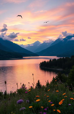 A serene and picturesque landscape showcasing a breathtaking sunset over a calm lake surrounded by lush, green forests