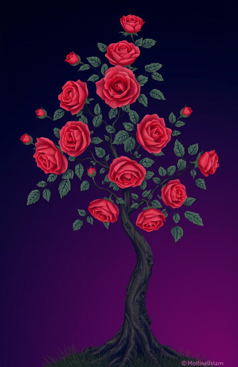 A dark blue to purple gradient background, with a beautifully illustrated tree that features vibrant red roses