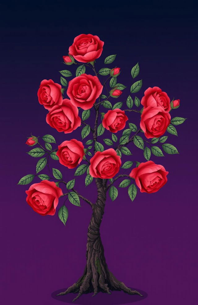 A dark blue to purple gradient background, with a beautifully illustrated tree that features vibrant red roses