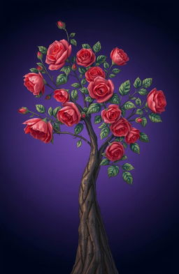 A dark blue to purple gradient background, with a beautifully illustrated tree that features vibrant red roses