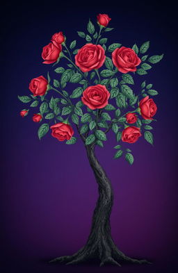 A dark blue to purple gradient background, with a beautifully illustrated tree that features vibrant red roses