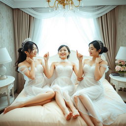 Three Vietnamese girls in a beautifully decorated bedroom, celebrating a wedding-themed atmosphere