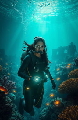 A thrilling deep-sea exploration scene featuring deep-sea archaeologist Elena Vasquez, a determined woman with long dark hair tied back, dressed in a modern scuba suit adorned with high-tech gear