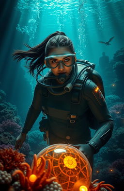 A thrilling deep-sea exploration scene featuring deep-sea archaeologist Elena Vasquez, a determined woman with long dark hair tied back, dressed in a modern scuba suit adorned with high-tech gear