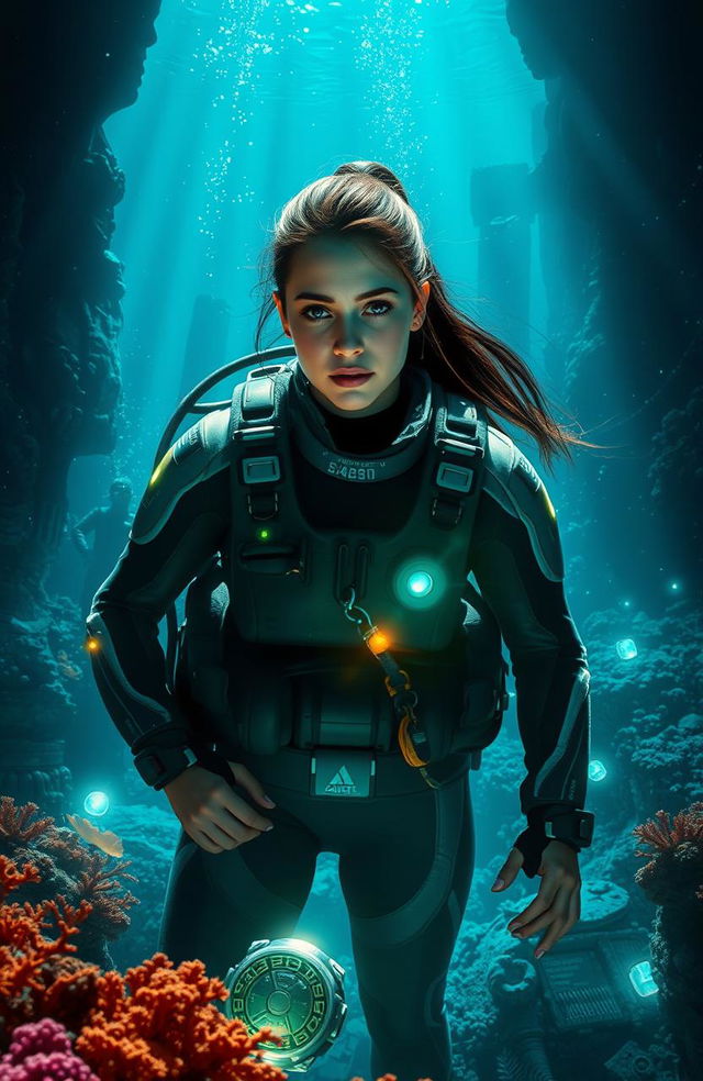 A thrilling deep-sea exploration scene featuring deep-sea archaeologist Elena Vasquez, a determined woman with long dark hair tied back, dressed in a modern scuba suit adorned with high-tech gear