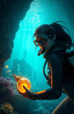 A thrilling deep-sea exploration scene featuring deep-sea archaeologist Elena Vasquez, a determined woman with long dark hair tied back, dressed in a modern scuba suit adorned with high-tech gear