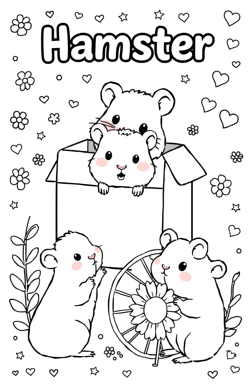 A whimsical hamster coloring book page featuring adorable hamsters in various playful poses