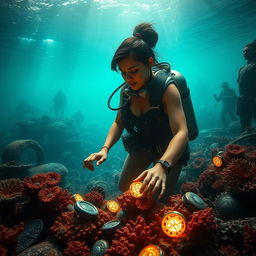 A captivating deep-sea scene showcasing deep-sea archaeologist Elena Vasquez, a determined woman with long dark hair pulled into a bun, equipped with modern scuba gear, exploring underwater ruins that suggest the legendary lost city of Atlantis
