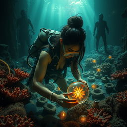 A captivating deep-sea scene showcasing deep-sea archaeologist Elena Vasquez, a determined woman with long dark hair pulled into a bun, equipped with modern scuba gear, exploring underwater ruins that suggest the legendary lost city of Atlantis