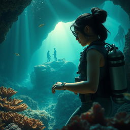 A captivating deep-sea scene showcasing deep-sea archaeologist Elena Vasquez, a determined woman with long dark hair pulled into a bun, equipped with modern scuba gear, exploring underwater ruins that suggest the legendary lost city of Atlantis