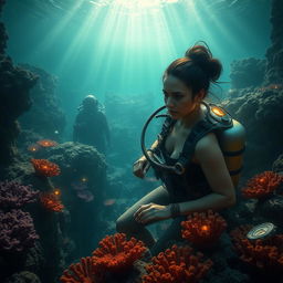 A captivating deep-sea scene showcasing deep-sea archaeologist Elena Vasquez, a determined woman with long dark hair pulled into a bun, equipped with modern scuba gear, exploring underwater ruins that suggest the legendary lost city of Atlantis