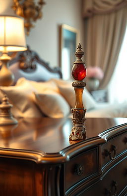 A detailed and elegant depiction of a luxurious and artistic dildo, crafted in an exquisite design and showcased on an antique wooden dresser