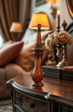 A detailed and elegant depiction of a luxurious and artistic dildo, crafted in an exquisite design and showcased on an antique wooden dresser