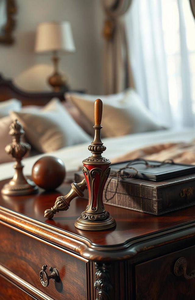 A detailed and elegant depiction of a luxurious and artistic dildo, crafted in an exquisite design and showcased on an antique wooden dresser