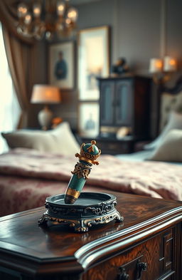 A detailed and elegant depiction of a luxurious and artistic dildo, crafted in an exquisite design and showcased on an antique wooden dresser