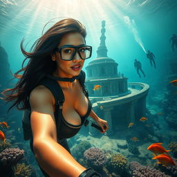 An exhilarating underwater scene depicting deep-sea archaeologist Elena Vasquez, a passionate woman with long flowing dark hair, clad in sleek scuba diving gear, exploring a stunning ancient city submerged beneath the ocean