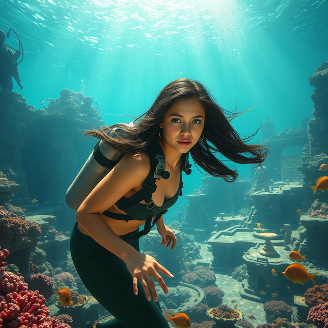 An exhilarating underwater scene depicting deep-sea archaeologist Elena Vasquez, a passionate woman with long flowing dark hair, clad in sleek scuba diving gear, exploring a stunning ancient city submerged beneath the ocean