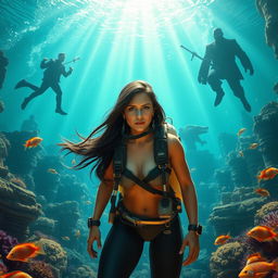 An enchanting underwater scene depicting deep-sea archaeologist Elena Vasquez, a brave woman with long flowing dark hair wearing sleek diving gear, as she uncovers ancient artifacts hinting at the legendary lost city of Atlantis