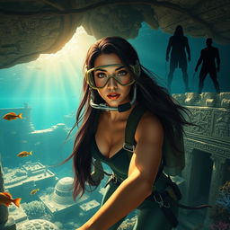 An enchanting underwater scene depicting deep-sea archaeologist Elena Vasquez, a brave woman with long flowing dark hair wearing sleek diving gear, as she uncovers ancient artifacts hinting at the legendary lost city of Atlantis