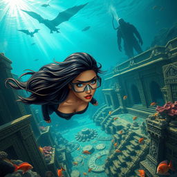 An enchanting underwater scene depicting deep-sea archaeologist Elena Vasquez, a brave woman with long flowing dark hair wearing sleek diving gear, as she uncovers ancient artifacts hinting at the legendary lost city of Atlantis