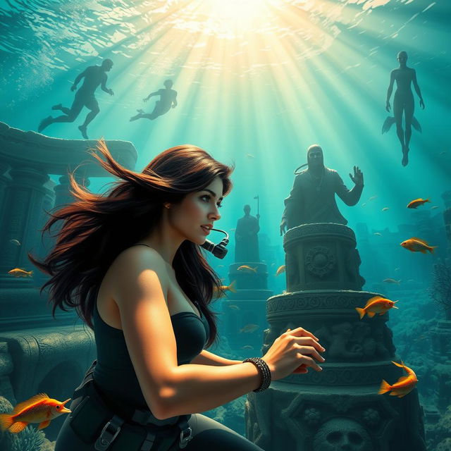 An enchanting underwater scene depicting deep-sea archaeologist Elena Vasquez, a brave woman with long flowing dark hair wearing sleek diving gear, as she uncovers ancient artifacts hinting at the legendary lost city of Atlantis