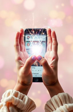 A captivating scene depicting two hands gracefully conjuring a flow of vibrant magical energy in front of a modern mobile phone