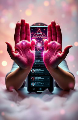 A captivating scene depicting two hands gracefully conjuring a flow of vibrant magical energy in front of a modern mobile phone