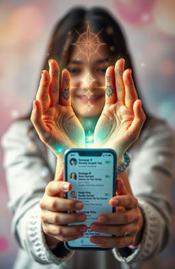 A captivating scene depicting two hands gracefully conjuring a flow of vibrant magical energy in front of a modern mobile phone