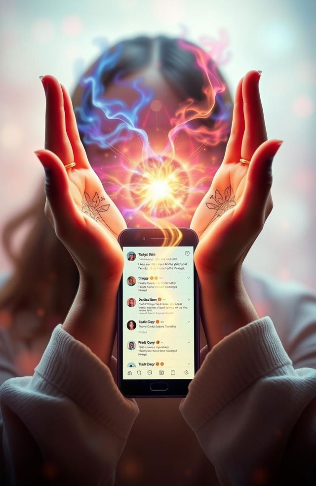 A captivating scene depicting two hands gracefully conjuring a flow of vibrant magical energy in front of a modern mobile phone