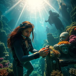 An awe-inspiring underwater image featuring deep-sea archaeologist Elena Vasquez, a heroic woman with long wavy dark hair and focused eyes, in futuristic diving gear, meticulously examining ancient artifacts among stunning ruins resembling the lost city of Atlantis