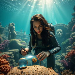 An awe-inspiring underwater image featuring deep-sea archaeologist Elena Vasquez, a heroic woman with long wavy dark hair and focused eyes, in futuristic diving gear, meticulously examining ancient artifacts among stunning ruins resembling the lost city of Atlantis