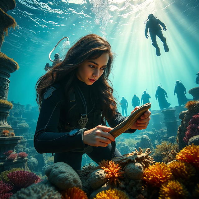 An awe-inspiring underwater image featuring deep-sea archaeologist Elena Vasquez, a heroic woman with long wavy dark hair and focused eyes, in futuristic diving gear, meticulously examining ancient artifacts among stunning ruins resembling the lost city of Atlantis