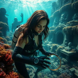 An awe-inspiring underwater image featuring deep-sea archaeologist Elena Vasquez, a heroic woman with long wavy dark hair and focused eyes, in futuristic diving gear, meticulously examining ancient artifacts among stunning ruins resembling the lost city of Atlantis