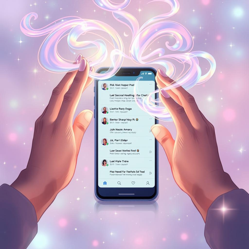 A mesmerizing illustration showing two hands elegantly wielding magical energy that flows in iridescent swirls in front of a sleek mobile phone