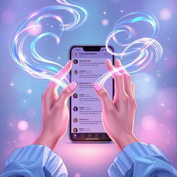 A mesmerizing illustration showing two hands elegantly wielding magical energy that flows in iridescent swirls in front of a sleek mobile phone