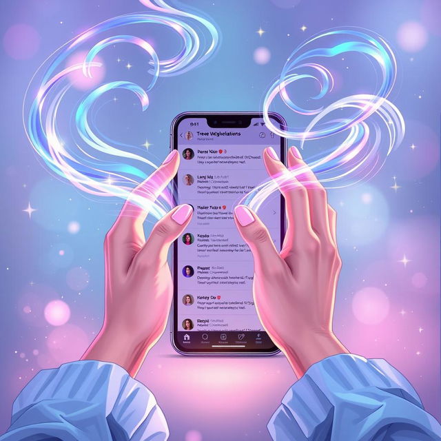 A mesmerizing illustration showing two hands elegantly wielding magical energy that flows in iridescent swirls in front of a sleek mobile phone