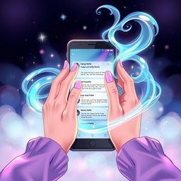 A mesmerizing illustration showing two hands elegantly wielding magical energy that flows in iridescent swirls in front of a sleek mobile phone