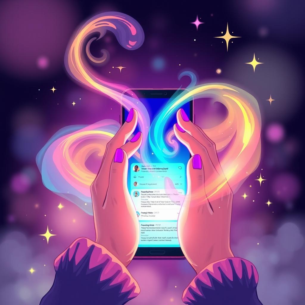 A mystical illustration featuring two hands gracefully channeling a radiant flow of magic in vibrant colors, situated just in front of a sleek modern mobile phone