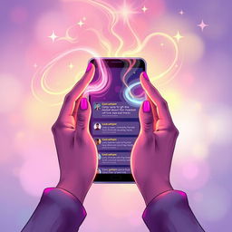 A mystical illustration featuring two hands gracefully channeling a radiant flow of magic in vibrant colors, situated just in front of a sleek modern mobile phone