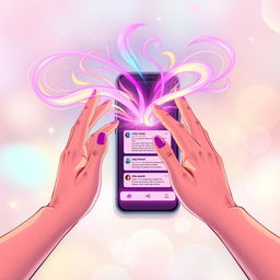 A mystical illustration featuring two hands gracefully channeling a radiant flow of magic in vibrant colors, situated just in front of a sleek modern mobile phone