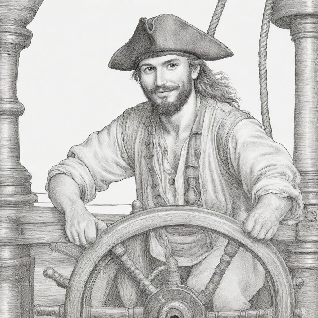 young man pirate holding onto the ship steering weel ,coloring page line art