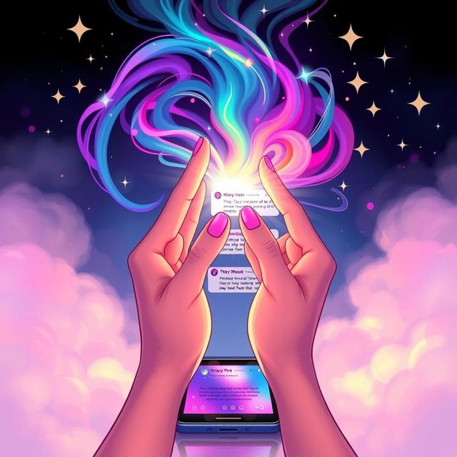 A mystical illustration featuring two hands gracefully channeling a radiant flow of magic in vibrant colors, situated just in front of a sleek modern mobile phone