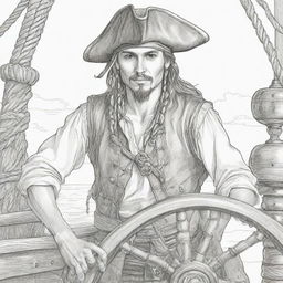 young man pirate holding onto the ship steering weel ,coloring page line art