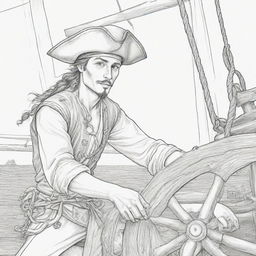 young man pirate holding onto the ship steering weel ,coloring page line art