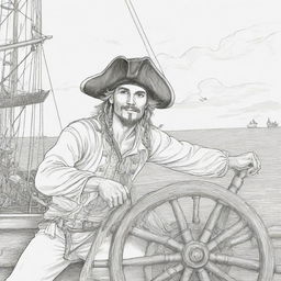 young man pirate holding onto the ship steering weel ,coloring page line art