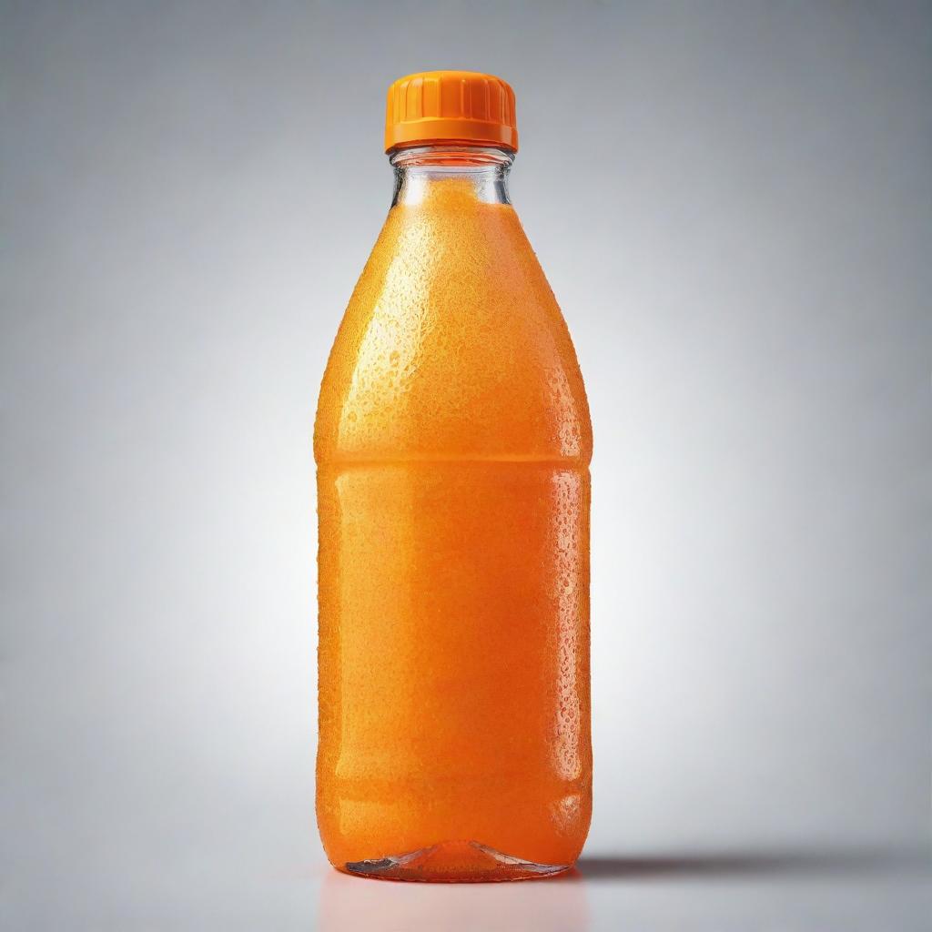 Design a refreshing image of an orange drink bottle. The bottle should appear cold, with condensation droplets, be vibrant and filled with orange juice.